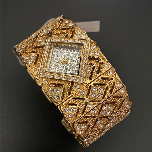 Real Collectibles by Adrienne Accessories - Real Collectibles by Adrienne Gold Crystal-Embellished Statement Bracelet Watch